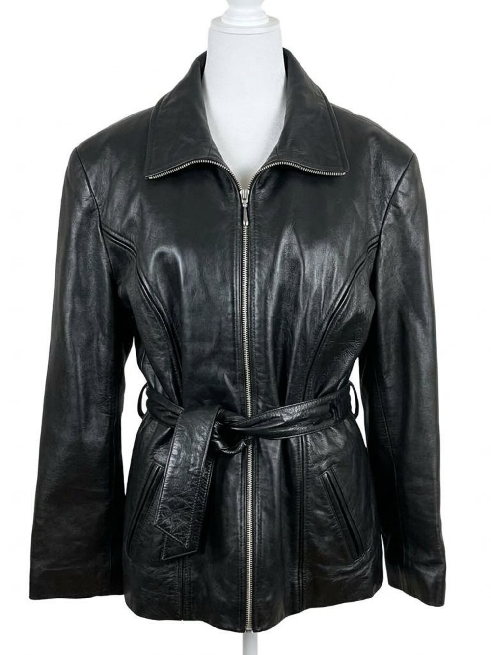 Wilsons Leather Pelle Studio Black Belted Jacket Removable Liner Womens M